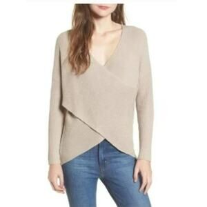 ASTR The Label Womens V-Neck Wrap Pullover Sweater Tan Sz Small Ribbed